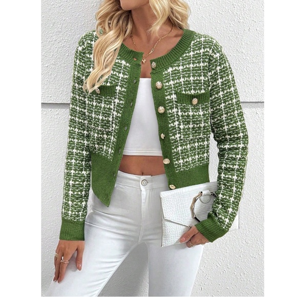 Green Plaid Button Up Cardigan Knit Long Sleeve  Stretchy Buttons - Picture 1 of 8